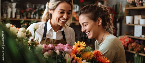 Two female florist partners discuss bouquet arrangement design in online flower shop with fresh flowers With copyspace for text