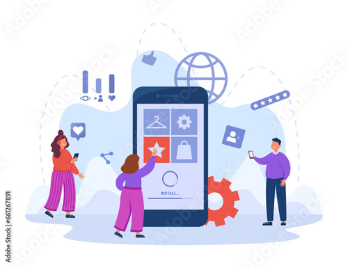 App installation process on smartphone vector illustration. People using mobile devices with promotion of mobile apps through social media ads. Social media, advertising concept