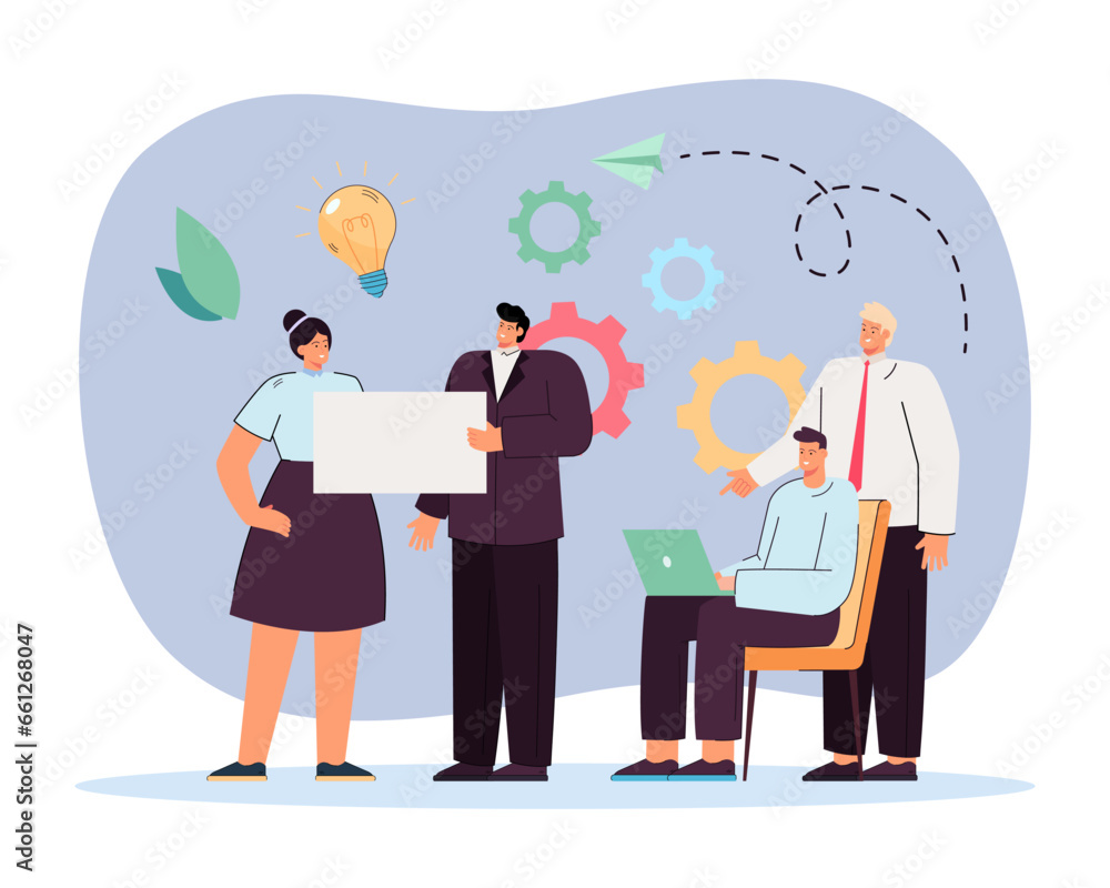People giving help and ideas to colleagues vector illustration. Cartoon drawing of office employees working on project together. Teamwork, communication, business, assistance concept People giving help and ideas to colleagues vector illustration. Cartoon drawing of office employees working on project together. Teamwork, communication, business, assistance concept