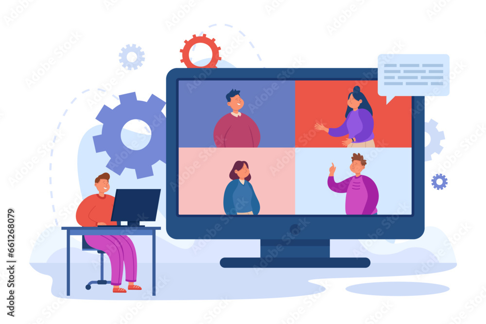 Worker next to huge screen with colleagues vector illustration. Cartoon drawing of employees or friends talking via video call or conference. Technology, communication, friendship concept Worker next to huge screen with colleagues vector illustration. Cartoon drawing of employees or friends talking via video call or conference. Technology, communication, friendship concept