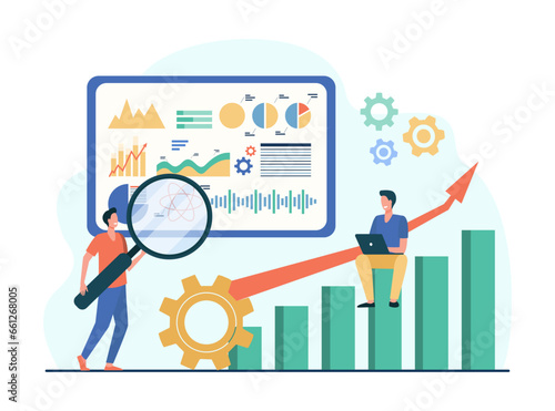 Specialists studying infographic vector illustration. Men looking at data analytics dashboard with magnifier, analyzing rising charts and performance metrics. Optimization, business concept