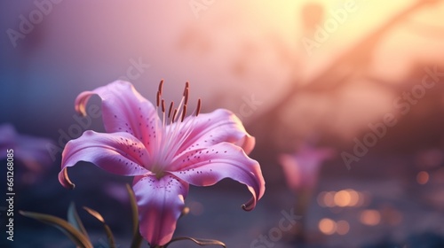 A pink fairy lily against a hazy background. photo