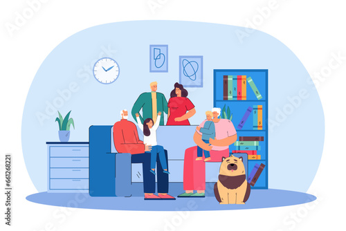 Portrait of big happy family at home vector illustration. Cartoon drawing of parents, grandparents, children and dog sitting on or standing near sofa. Family, love, relationship, leisure concept