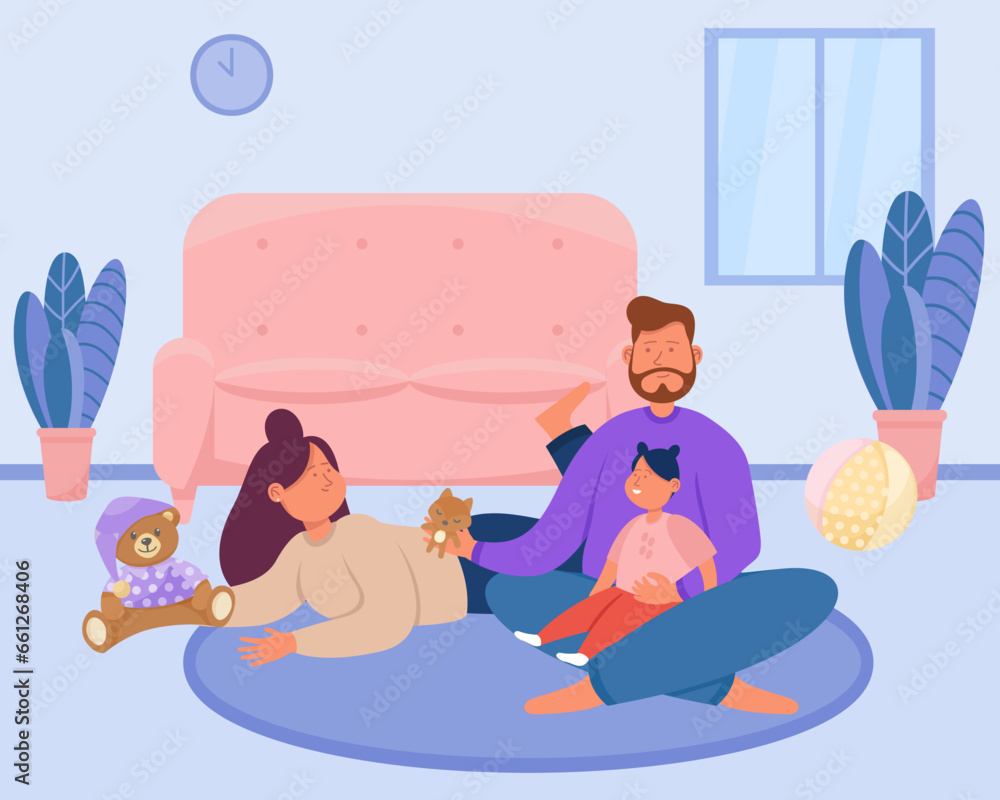 Obraz premium Mom and dad playing with daughter on floor vector illustration. Drawing of man, woman and toddler bonding while playing together in living room. Family, love, care, parenthood, childhood concept