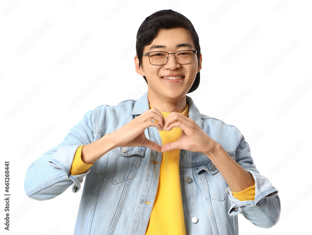 Young Asian man making heart gesture on white background Young Asian man making heart gesture on white background