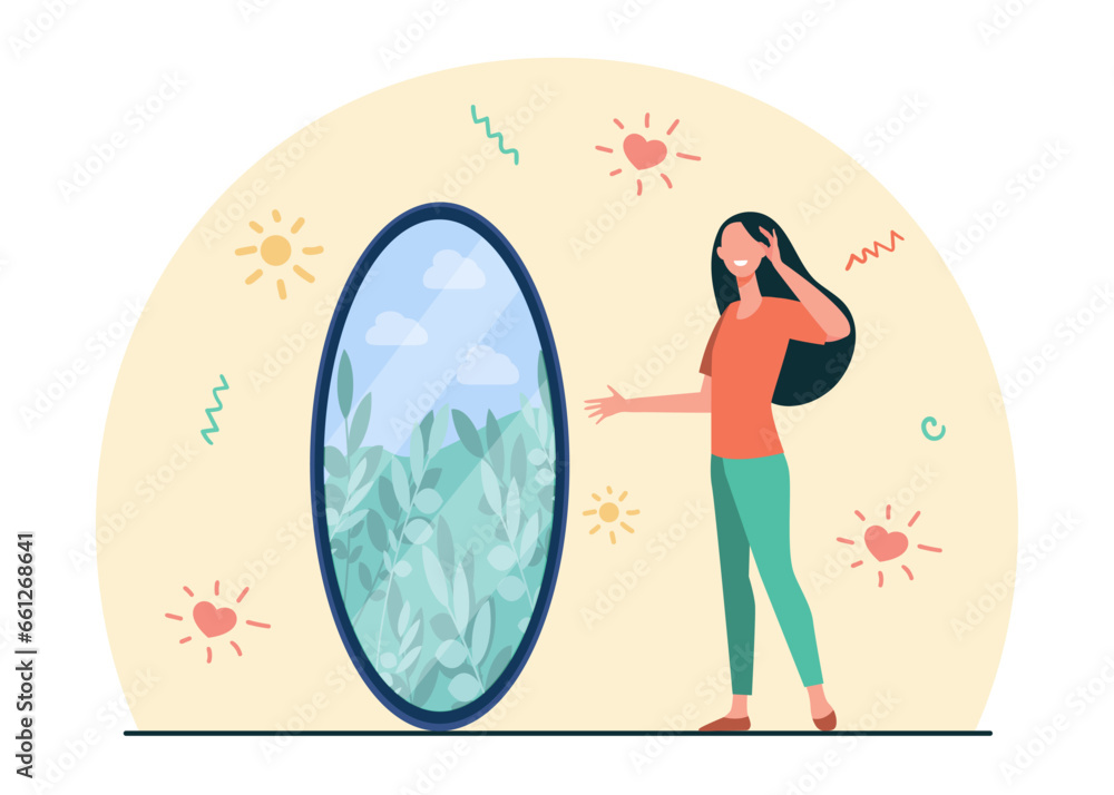 Happy woman looking at reflection in mirror vector illustration. Mirror reflecting inner peace as serene nature landscape with plants. Introspection, wellness, self-awareness concept