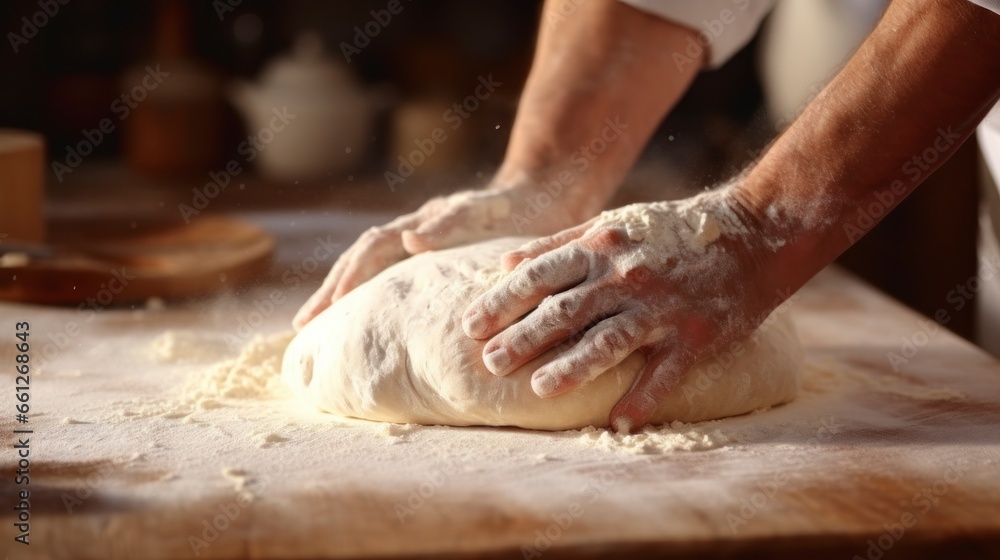 kneading dough with two man hands