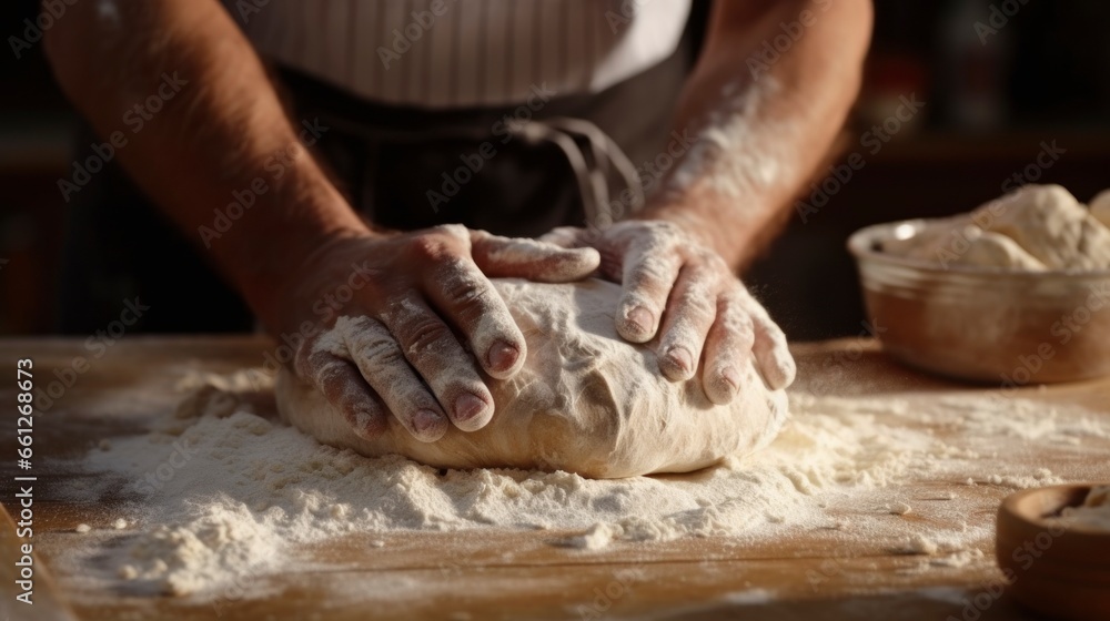 man kneading bread in a bakery in high quality