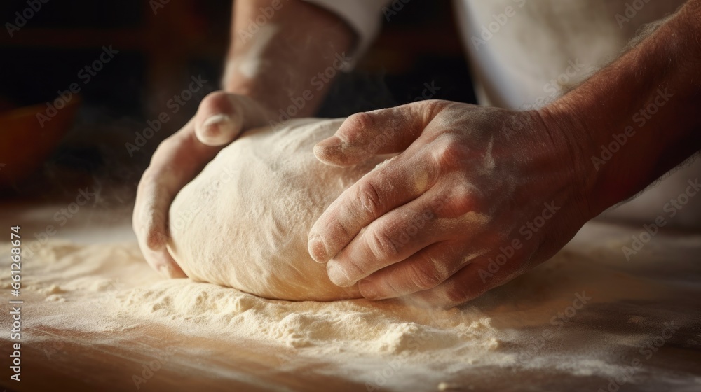 kneading dough with two man hands in a bakery