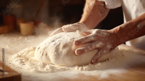 man kneading bread in a bakery with a lot of dough