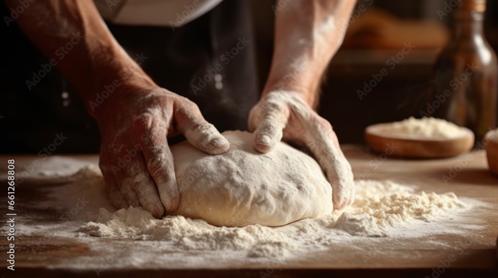 kneading a lot of bread in a bakery with dough in his hands