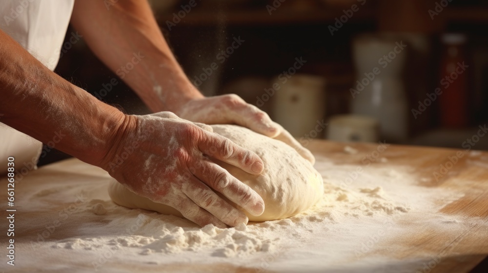 kneading a lot of bread in a bakery with high quality dough in your hands