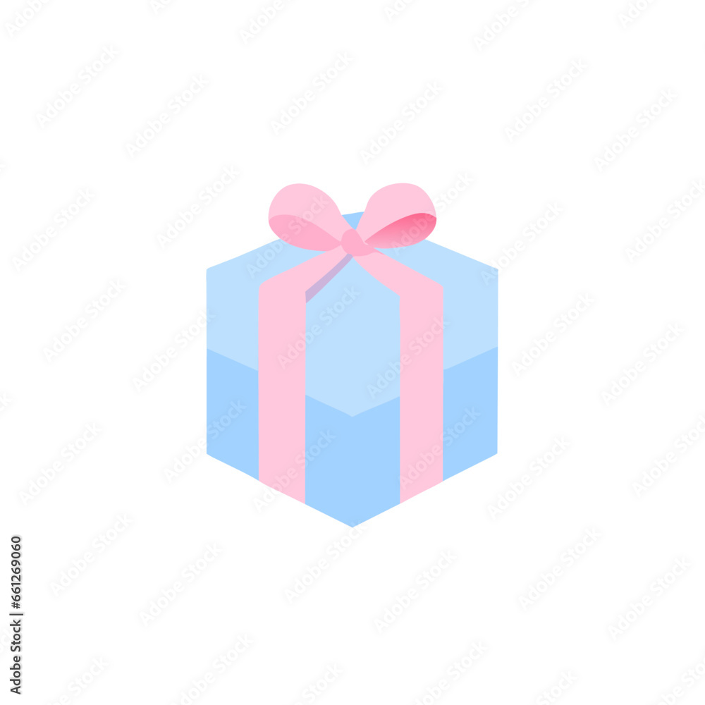 Gift box with bow and Pastel Soft ribbon. Surprise box. Unwrapped Prize Reward Package Special Holiday Christmas Birthday Present Graphic Element Cartoon Modern flat Pink Blue vector illustration Draw