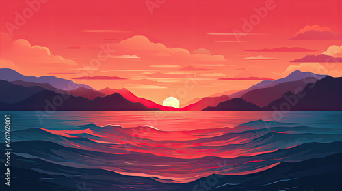 Sunset over the ocean vector simple 3d smooth cut isolated illustration