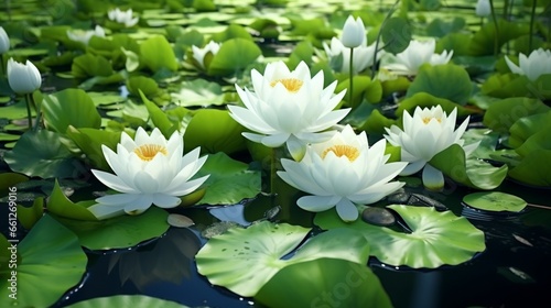 pond with lovely white lotus flower and green leaves
