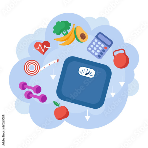 Weight loss tools for healthy diet vector illustration. Scale, measuring tape, weights and dumbbells for fitness practice, fruits and vegetables. Weight loss goal, health care concept
