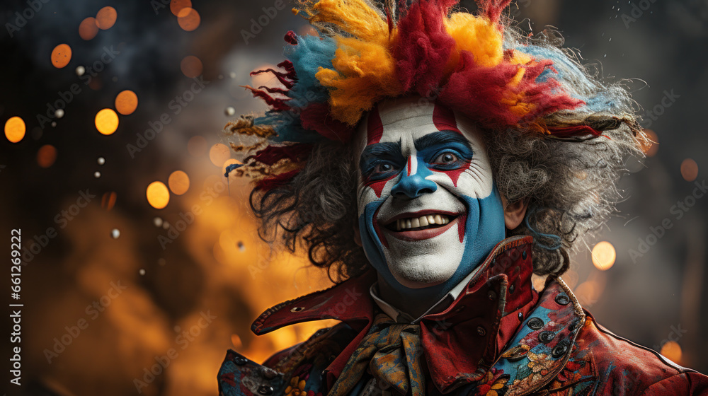 Mr Clown close up face. Portrait of Funny face Clown man in colorful uniform Mr Clown close up face. Portrait of Funny face Clown man in colorful uniform