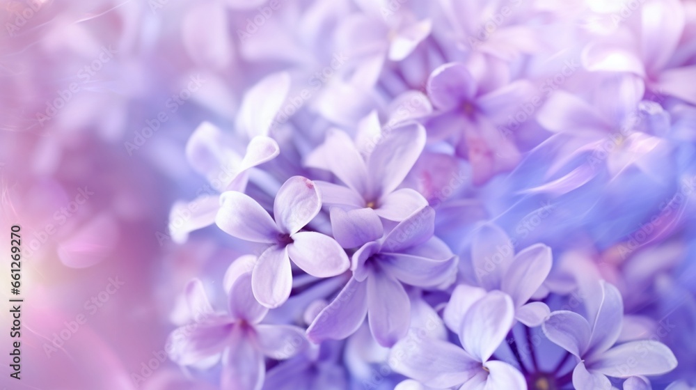 Springtime lilac violet flowers in macro, with an abstract soft floral background