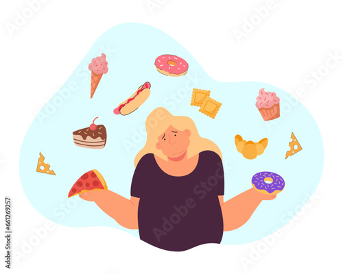Frustrated woman surrounded by junk food vector illustration. Harm of excessive consumption of unhealthy snacks, donuts, pizza, cakes, muffins. Junk food overload, health care concept