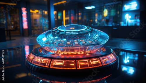a neon phone in a lightbox display with blue backgrounds, in the style of hyper-realistic sci-fi, photobashing, circular shapes, flickr, multi-layered, high-angle, transportcore photo