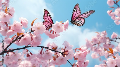 Springtime scene of nature in blossom in large format. Pink cherry blossom branches with flitting butterflies against a cloudy blue sky on a beautiful day. © Anmol