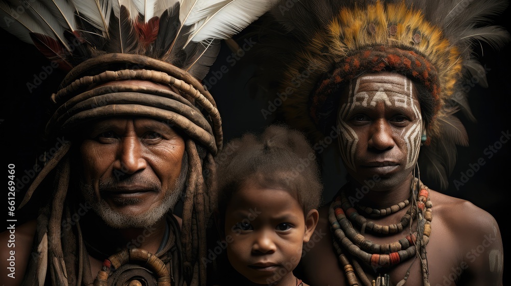 Portrait of Family Huli Wigmen tribe from Papua New Guinea.