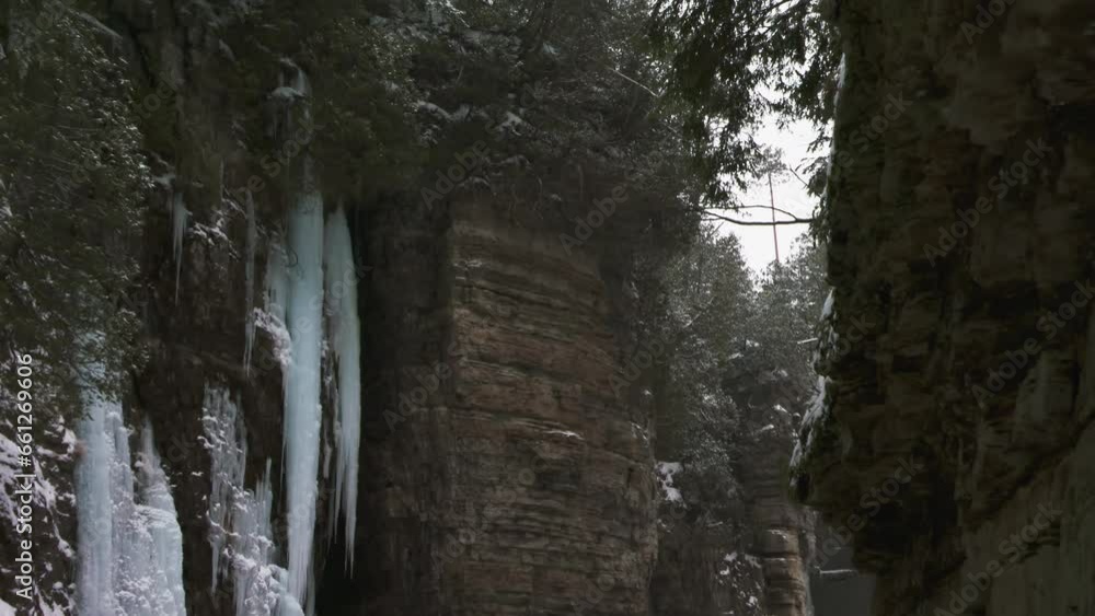 Scenic view from inside Ausable Chasm gorge with frozen waterfall, Adirondacks Scenic view from inside Ausable Chasm gorge with frozen waterfall, Adirondacks