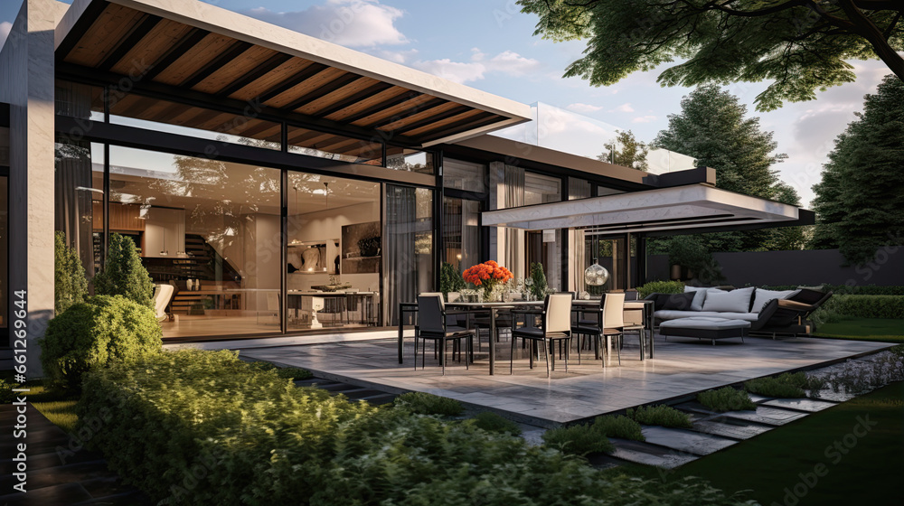 View of luxurious modern house exterior with dining space and garden View of luxurious modern house exterior with dining space and garden