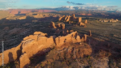 Aerial View Of Red Rocks At Arches National Park In Utah. LaSal Mountains In Distance. photo
