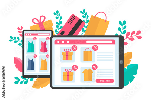 Phone and tablet with online shop on screen vector illustration. Cartoon drawing of mobiles devices with discounts in internet stores. Online shopping, sale, ecommerce, technology concept