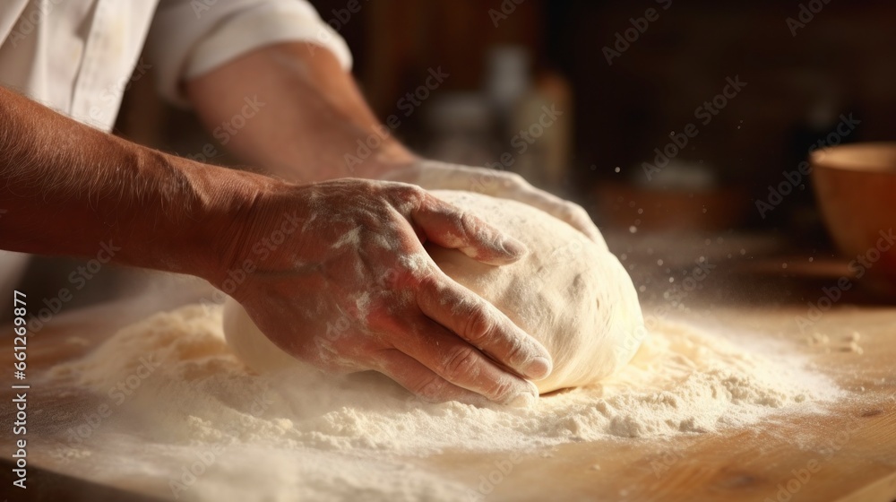 kneading lump of white dough in a bakery with his two hands in high quality and resolution