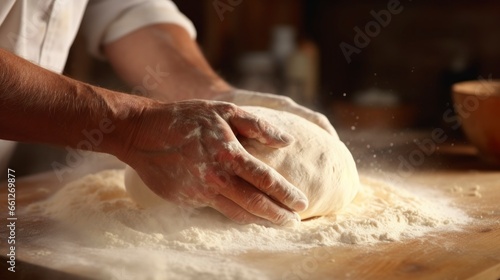 kneading lump of white dough in a bakery with his two hands in high quality and resolution