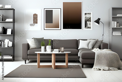 Brown carpet between white cupboard and sofa in gray living room interior with posters