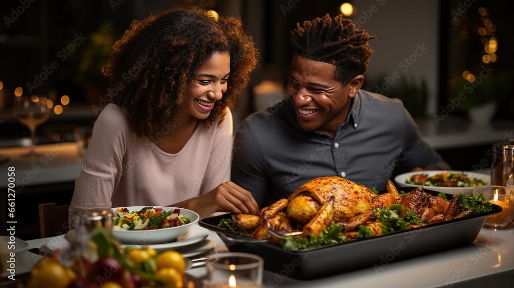 Happy african american couple sitting at a large table at a holiday dinner together