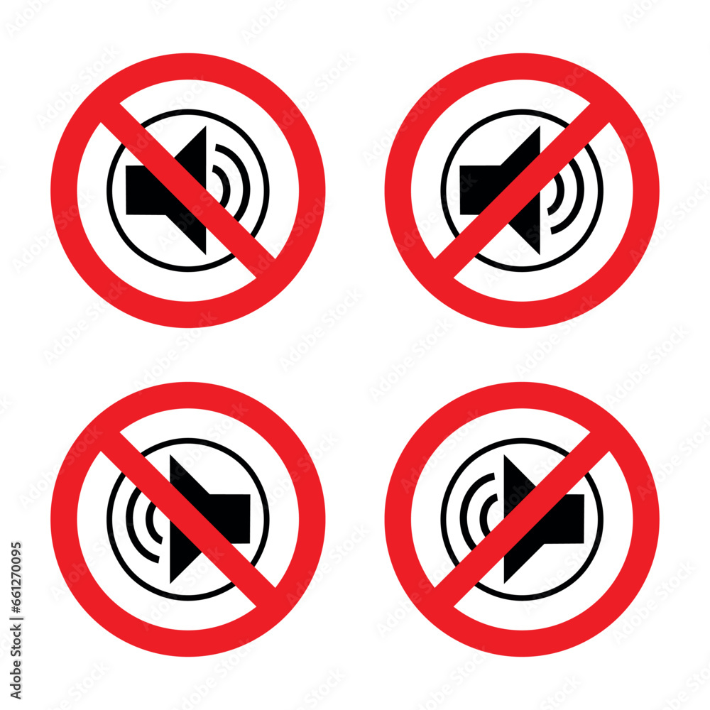 Stop volume, no loud sign, do not make noise prohibition, do not allow sound, forbidden sound sign vector. Stop volume, no loud sign, do not make noise prohibition, do not allow sound, forbidden sound sign vector.