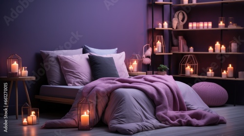Romantic couple bedroom decor, Lights and purple theme.