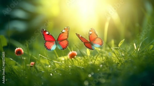 Two red butterflies in a high-key, light emerald lighting-landscape with sunshine shining on the grass.