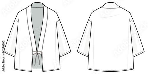 kimono fashion flat technical fashion illustration. Flat apparel, kimono fashion flat technical drawing template. loose fit, front and back view, white color, unisex, CAD mock set.