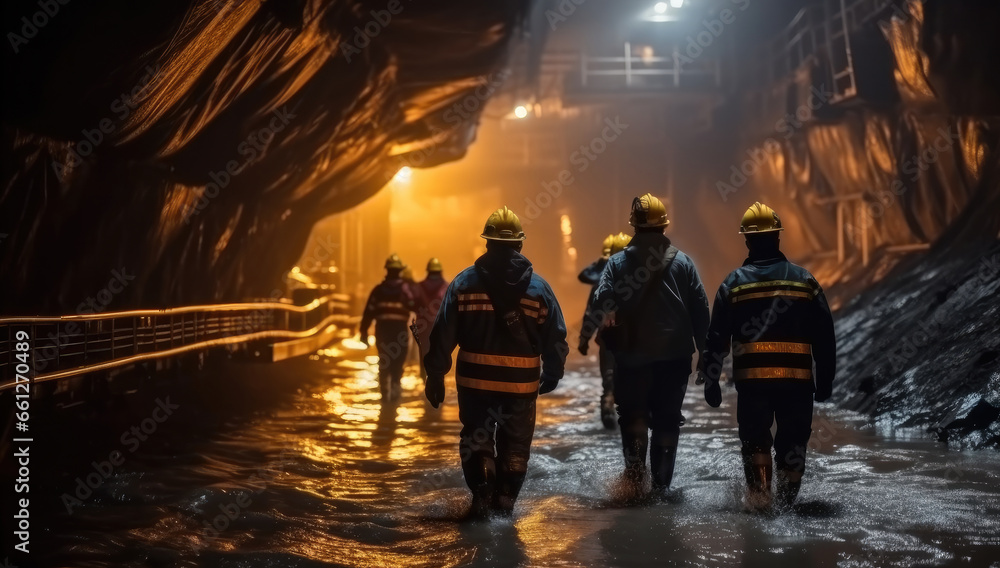 Worker under ground in a tunnel, Group of workers walking through a dark tunnel in a mining quarry. - obrazy, fototapety, plakaty 
