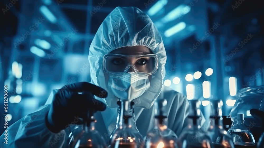 Scientist in a lab wearing mask conducting experiments at industrial pharmaceutical factory. Scientist in a lab wearing mask conducting experiments at industrial pharmaceutical factory.