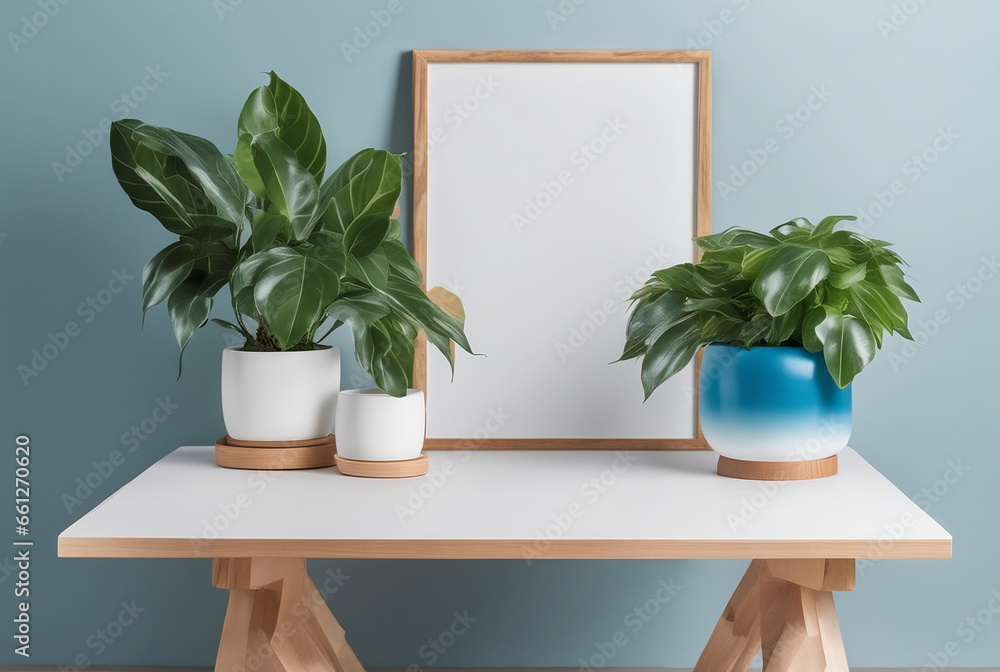 Empty picture frame mockup on a wooden table; decorated by creative arrangement of houseplants in vases 