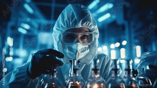 Scientist in a lab wearing mask conducting experiments at industrial pharmaceutical factory.