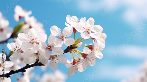 White cherry blossoms against a backdrop of blue sky.