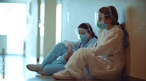 Sad  Two doctors sit in corridor of medical facility  Medical error during operations concept.