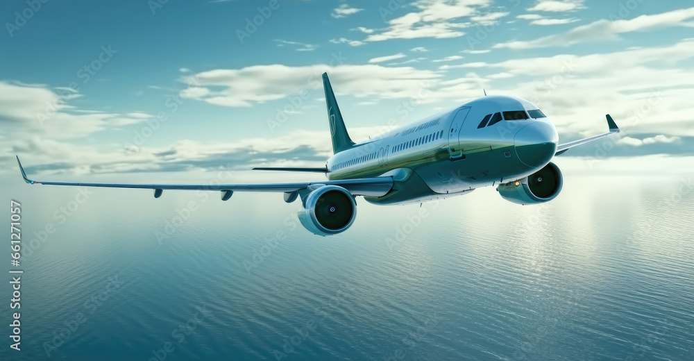 The plane flies over the blue surface of the sea, Transport concept. - obrazy, fototapety, plakaty 