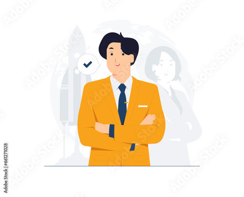 High self esteem confidence businessman standing with crossed arms,  pointing finger at himself with proud concept illustration