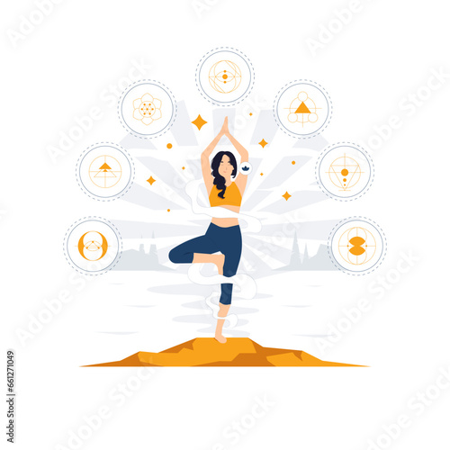 Meditation, relaxation, yoga, mindfulness, inner peace. Serene calm woman enjoying meditation in nature while her eyes closed, breathing exercises with hands in zen gesture concept illustration