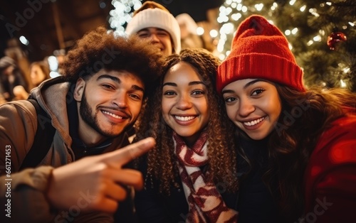 Happy multicultural guys and girls taking selfie on warm fashion clothes at a Christmas tree