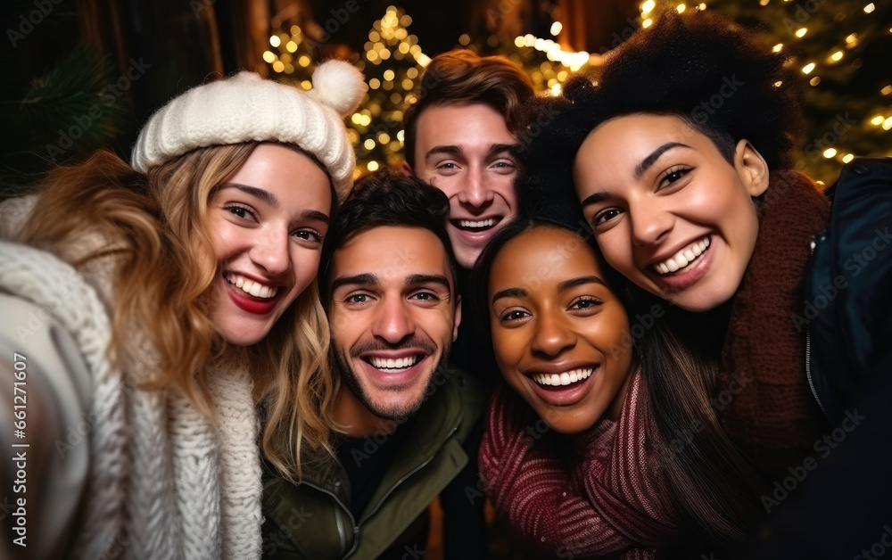 Happy multicultural guys and girls taking selfie on warm fashion clothes at a Christmas tree