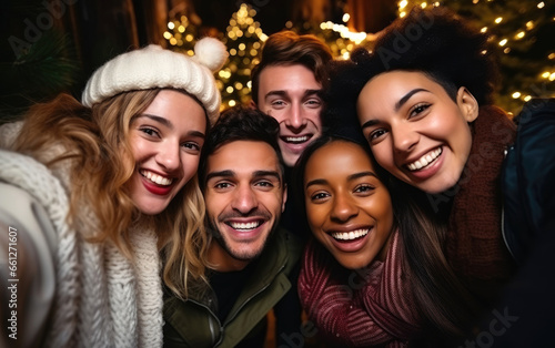 Happy multicultural guys and girls taking selfie on warm fashion clothes at a Christmas tree